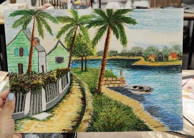 Oil pastel landscape of palm trees beside a lake